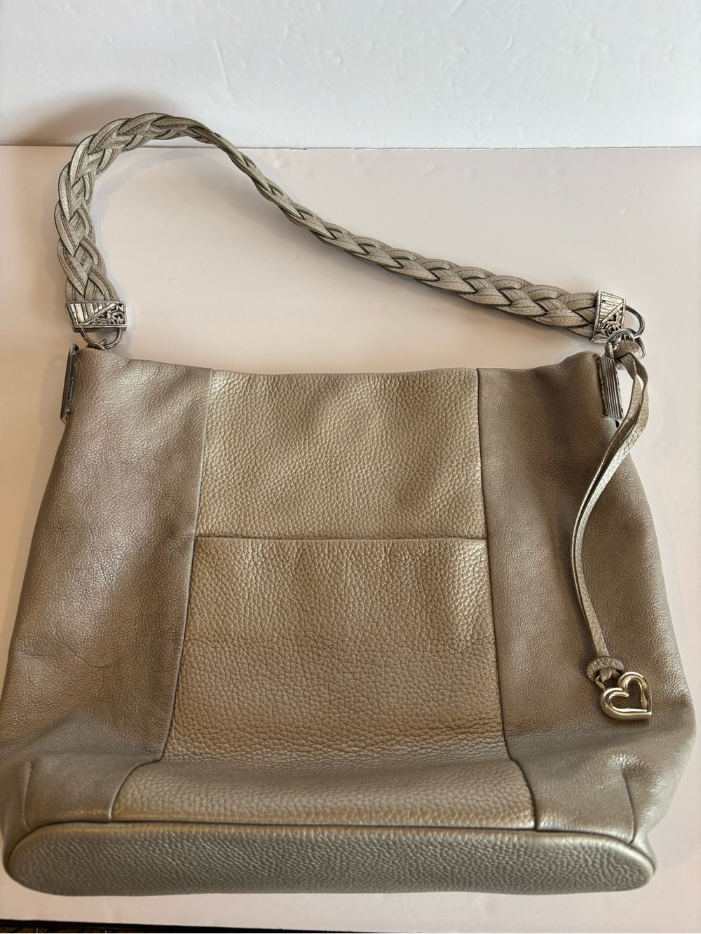 Brighton Barbados Metallic Pewter Gray Pebbled Leather Braided Hobo Bag